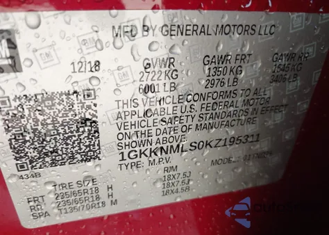 2019 GMC Acadia Slt-1 from USA, damaged, VIN 1GKKNMLS0KZ195311